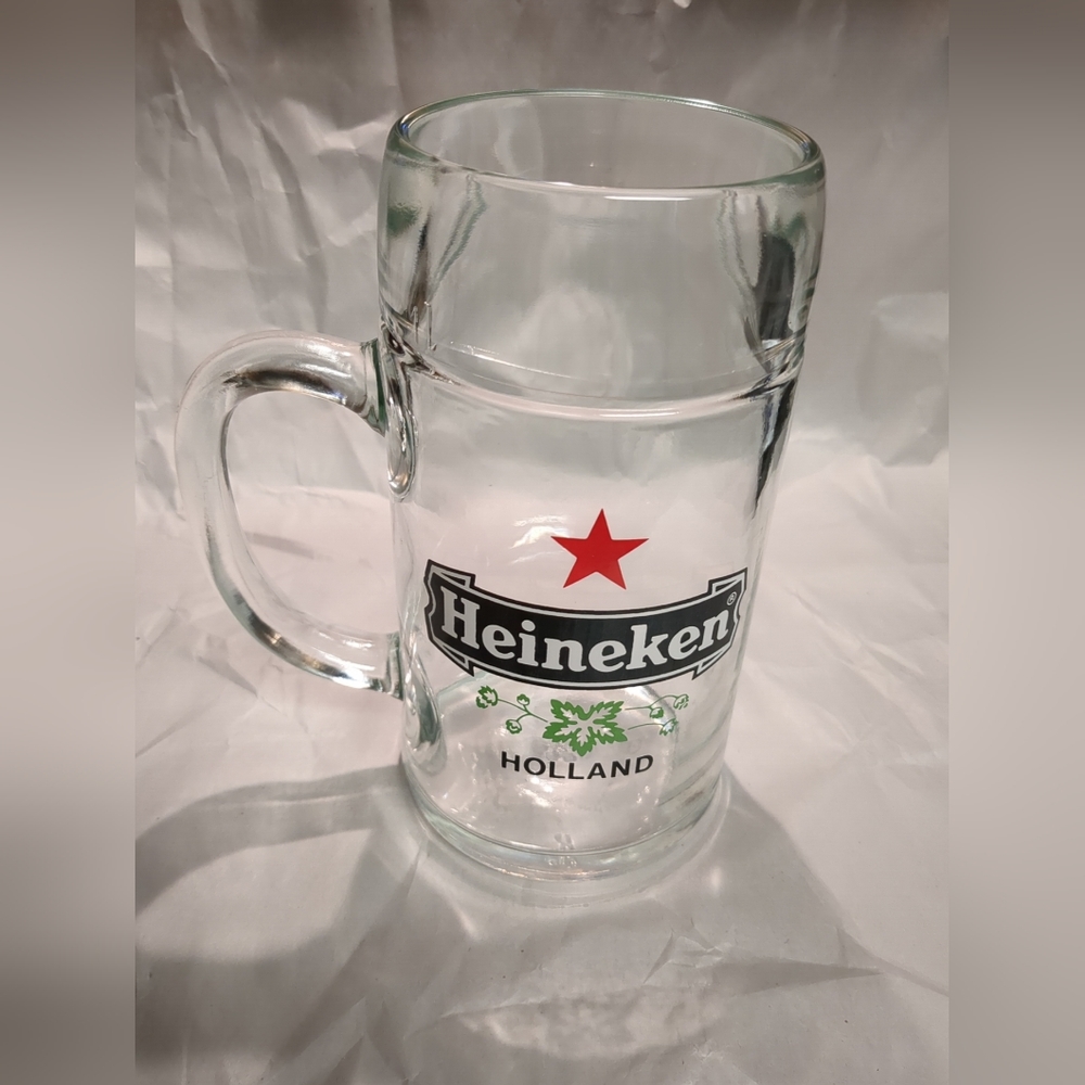 Vtg Heineken Beer Mug with Holland Logo & Red Star Heavy Clear Glass 1L, 33.8oz